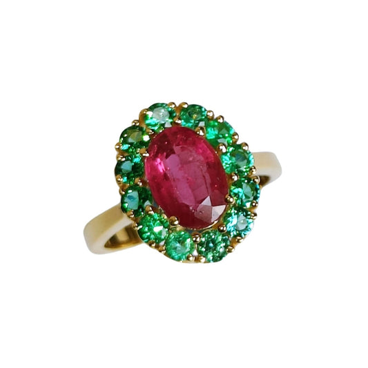Blush Of The Earth Ring – 14k gold with Rubellite and emeralds front view
