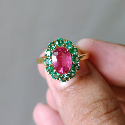 Blush Of The Earth Ring – 14k gold with Rubellite and emeralds model shot