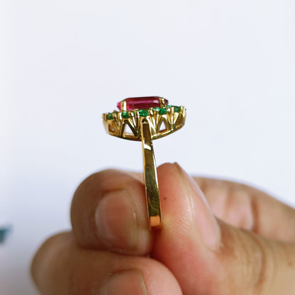 Blush Of The Earth Ring – 14k gold with Rubellite and emeralds side view
