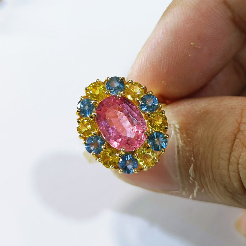 Tourmaline Dream Ring – close-up of sapphire and tourmaline arrangement