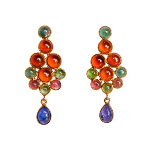 amber ember earrings in 9k gold with hessonite, tourmaline, and tanzanite