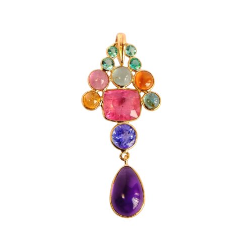 pink maiden pendant set 14k gold with tourmaline, emerald, tanzanite, amethyst
