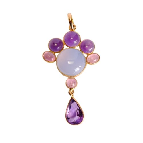 twilight drip 14k gold pendant with calcedony, amethyst and tourmaline