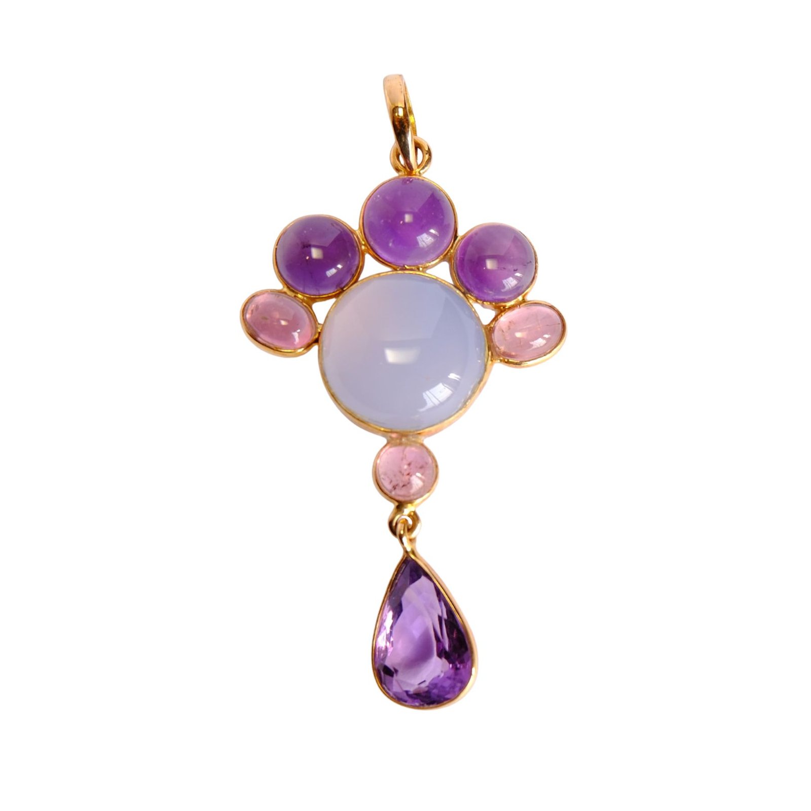 twilight drip 14k gold pendant with calcedony, amethyst and tourmaline