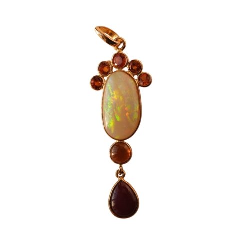 Australian opal with hessonite and ruby in 14k gold pendant bezel set